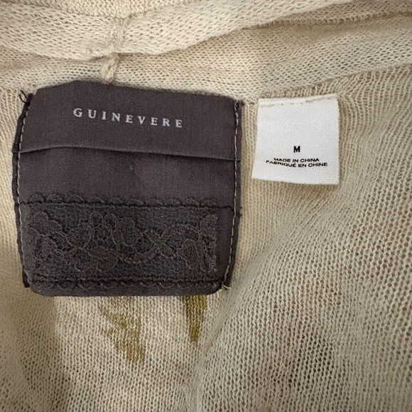 Anthropologie thin knit ecru gold metallic feather print open cardigan sweater M - Picture 5 of 11